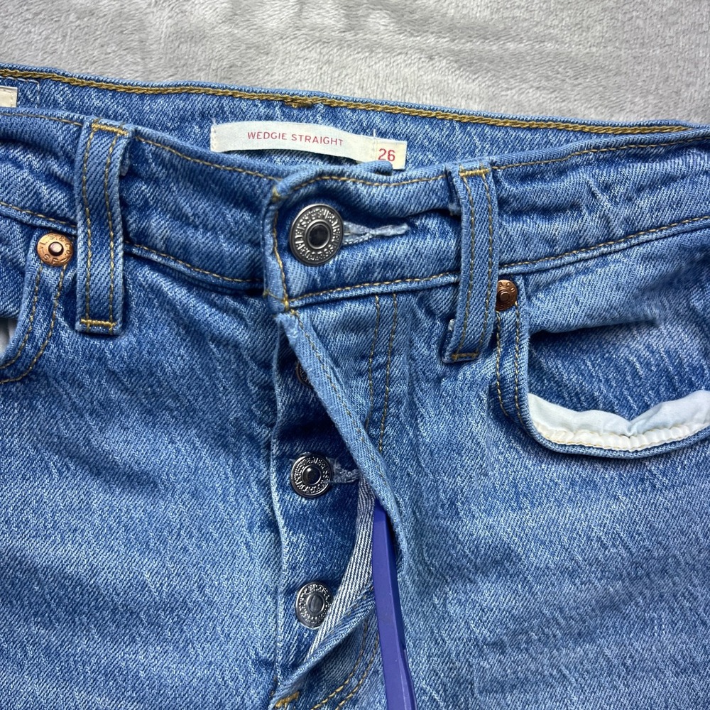 Levi's Wedgie Straight Jeans High Rise Button Fly Denim Casual Sz 26 Grunge Boho - Picture 5 of 14